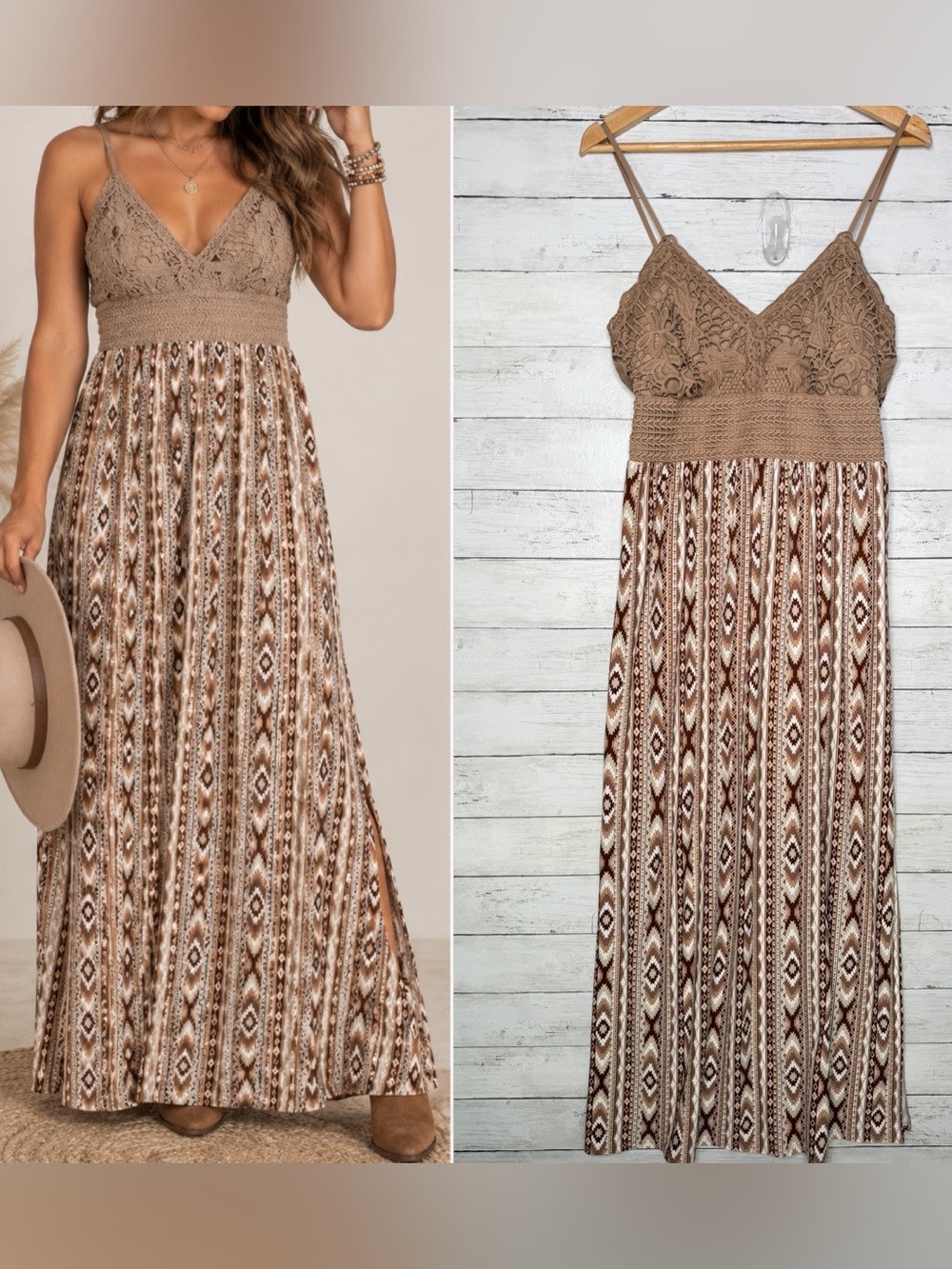 Derek Heart Size L Boho Western Crochet Aztec Maxi Dress Side Slits